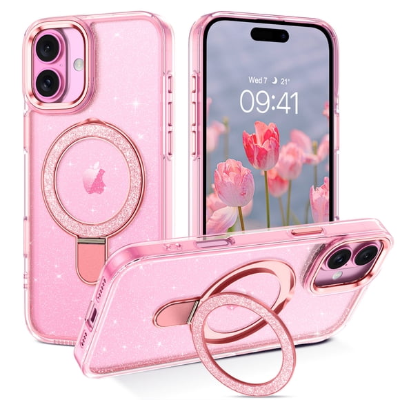 VENINGO Magnetic iPhone 16 Plus Case with Bling Kickstand Compatible with Mag-Safe, Glitter Translucent Slim Back Cute iPhone 16 Plus Case for Women Girls , Pink