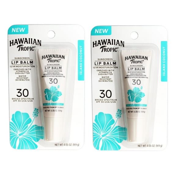 2 Pack - Hawaiian Tropic Sunscreen Lip Balm with Vitamin E & Shea Butter, Water Resistant 80 Minutes, SPF 30, Island Coconut, 0.35 OZ