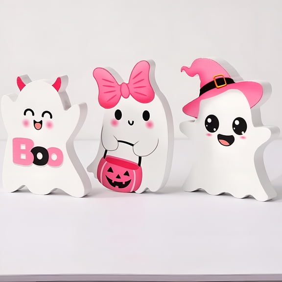LAMIRO 3 PCs Pink Halloween Table Decorations,Cute Ghosts Halloween Decor,Pink Halloween Decor-Indoor Ghost Wood Signs,Decor for Home Office Tiered Tray & Party Favor Decor