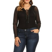 EVOGUES APPAREL eVogues Plus Size Lace Up Sheer Mesh Sleeve Bodysuit Black