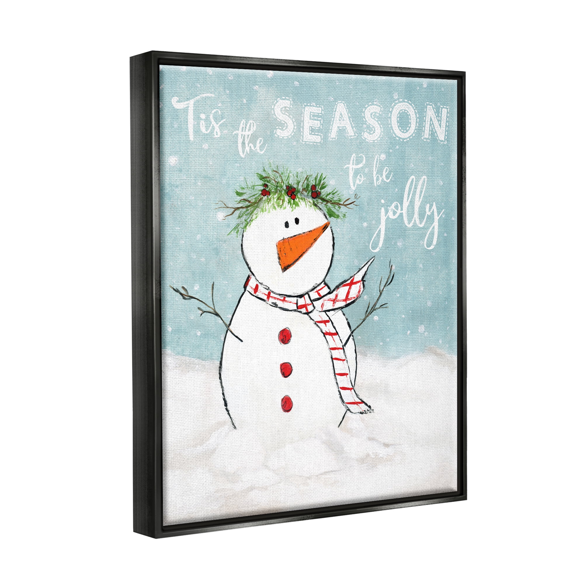 Stupell Industries Tis the Season Snowman Holiday Painting Black Floater Framed Canvas Art Print Wall Art, 17 x 21