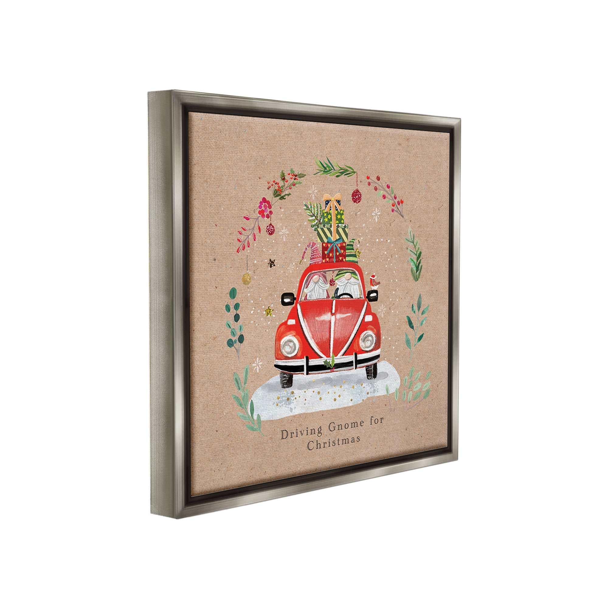 Stupell Industries Driving Gnome For Christmas Holiday Painting Gray Floater Framed Canvas Art Print Wall Art, 18 x 18