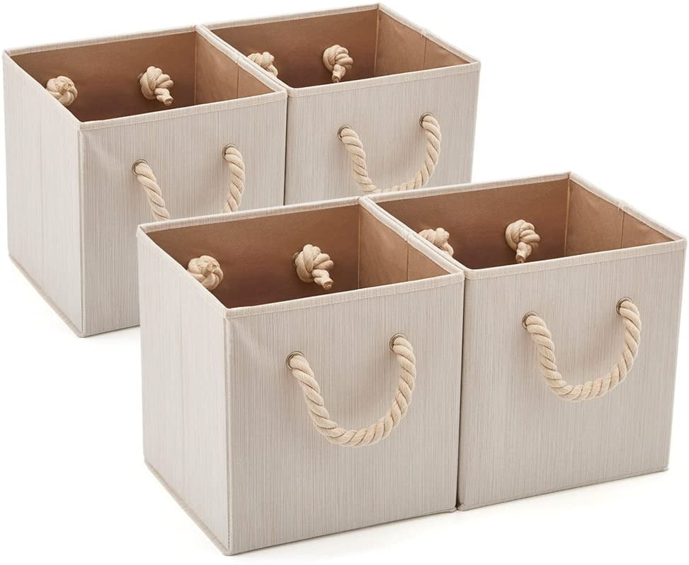 i BKGOO Set of 4 Foldable Storage Cube Bins Beige Bamboo Fabric Collapsible Resistant Basket Box Organizer with Cotton Rope Handle for Home Office and Nursery 10.5x10.5x11 inch 