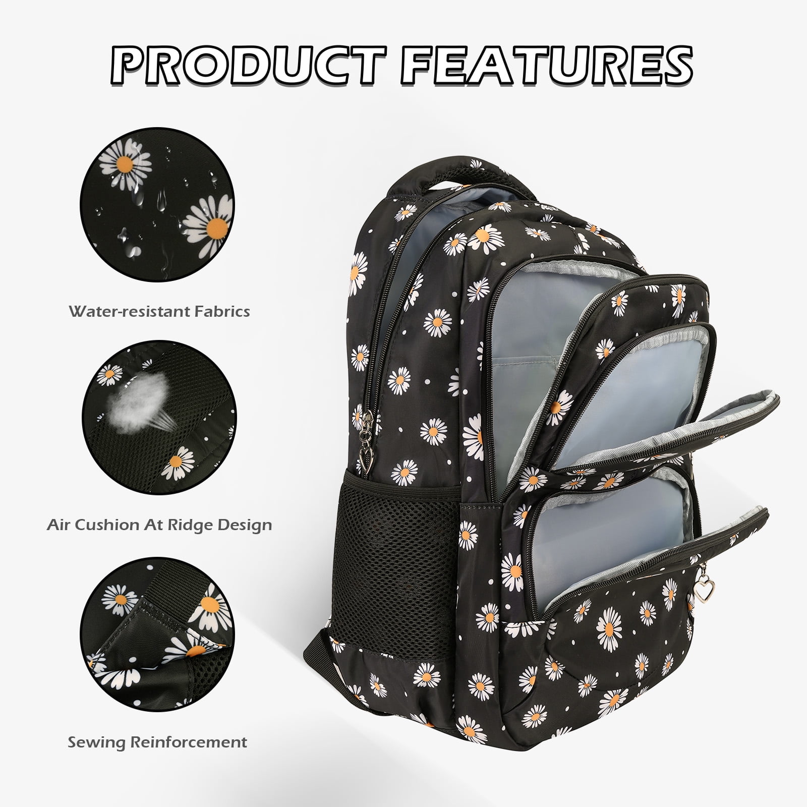 Forestfish 3-Piece Backpack Set for School,Large Capacity Teen Backpack with Insulated Lunch Bag & Pencil Case,Waterproof with Laptop Compartment & Side Pocket(Daisy A/Black)