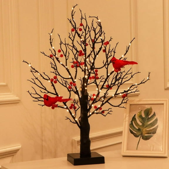 Vintage Glowing Tree With Cardinals,Pre-lit Tree With Cardinals(21 In),Twinkle Tree Lamp With Lighted Branches & Berries,Lighted Birch Bonsai Table Top Centerpiece For Halloween,Christmas