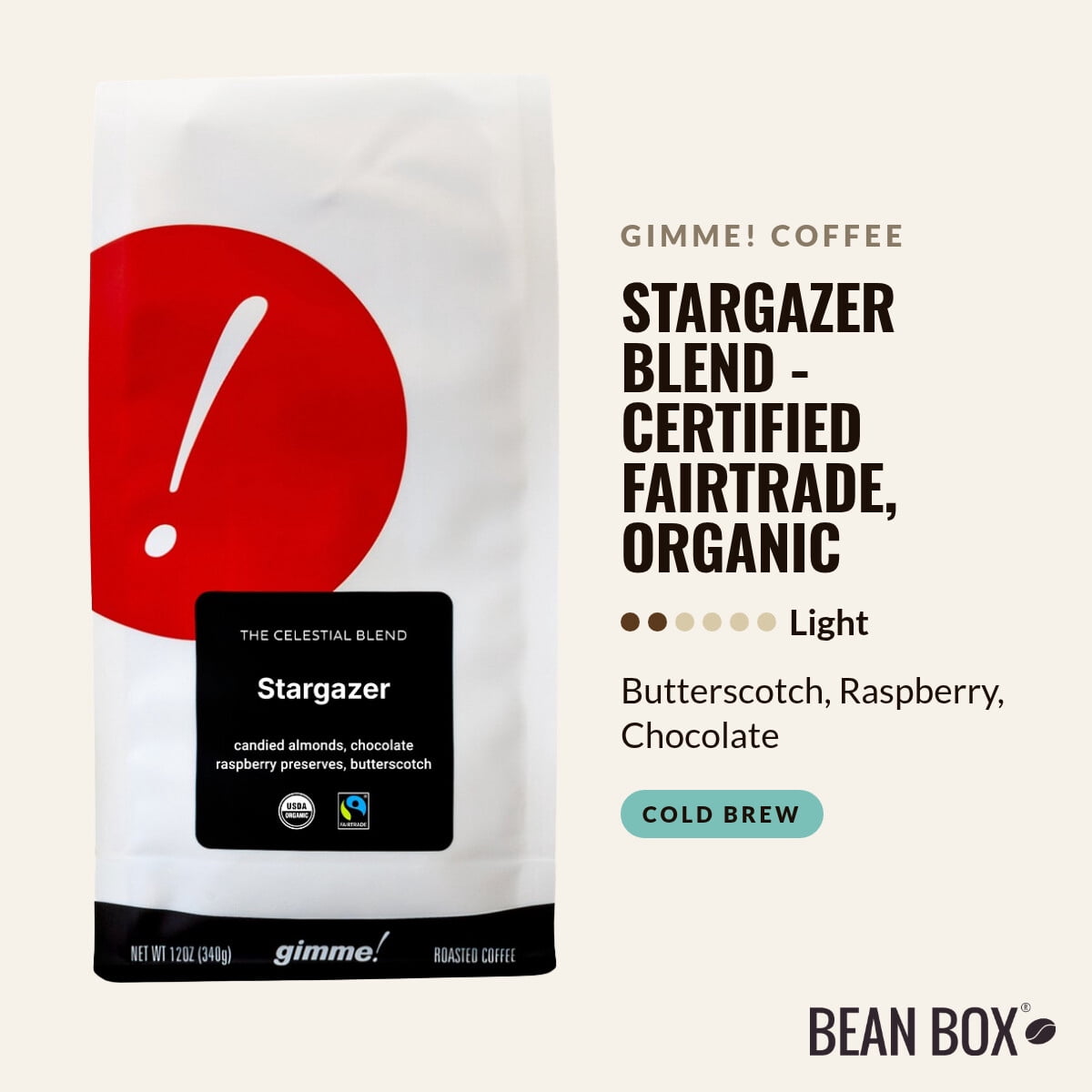 Stargazer Blend - Certified Fairtrade, Organic - Roasted by Gimme! Coffee - Whole Bean Coffee - 12oz Bag