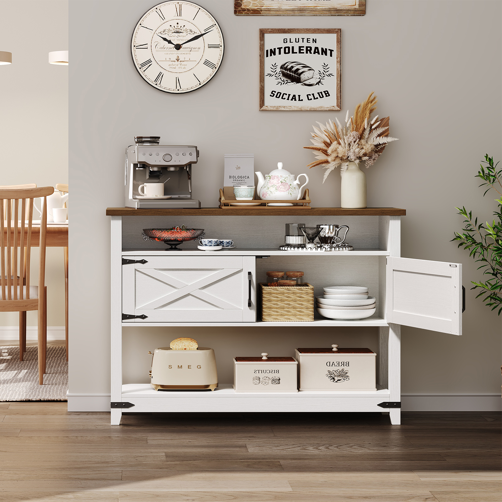 Farmhouse Entryway Table with Storage, 47.2" Long Console Table for Entryway, White Sofa Table with Doors and Cabinets, Narrow Sofa Table Behind Couch, for Hallway, Foyer, White and Walnut WH12XG01
