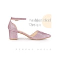 thumbnail image 3 of BLISSFUL STEP Style Glitter Pointed Toe Pumps Ankle Strap Buckle Chunky Block Heel Dress Pumps for Women Pink (Size 9), 3 of 7