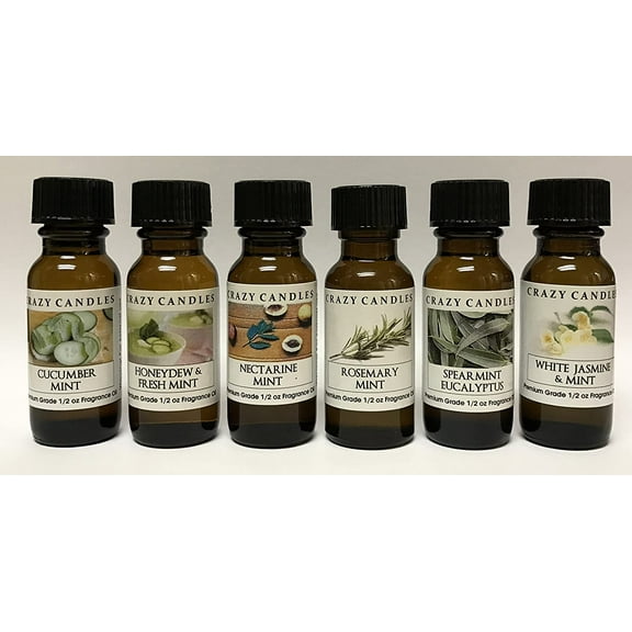 Crazy Candles 6 Bottle Set: Cucumber Mint, Honeydew & Fresh Mint, Nectarine Mint, Rosemary Mint, Spearmint Eucalyptus, White Jasmine & Mint 1/2 FL Oz Each (15ml) Premium Grade Scented Fragrance Oil