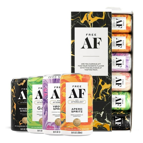 FREE AF Non-Alcoholic Drinks Tasting Pack | Alcohol Alternative Sparkling Cocktails with AFTERGLOW Botanical Warmth | Gluten-Free, Low-Calorie | 8.4 oz Cans (6-Pack)