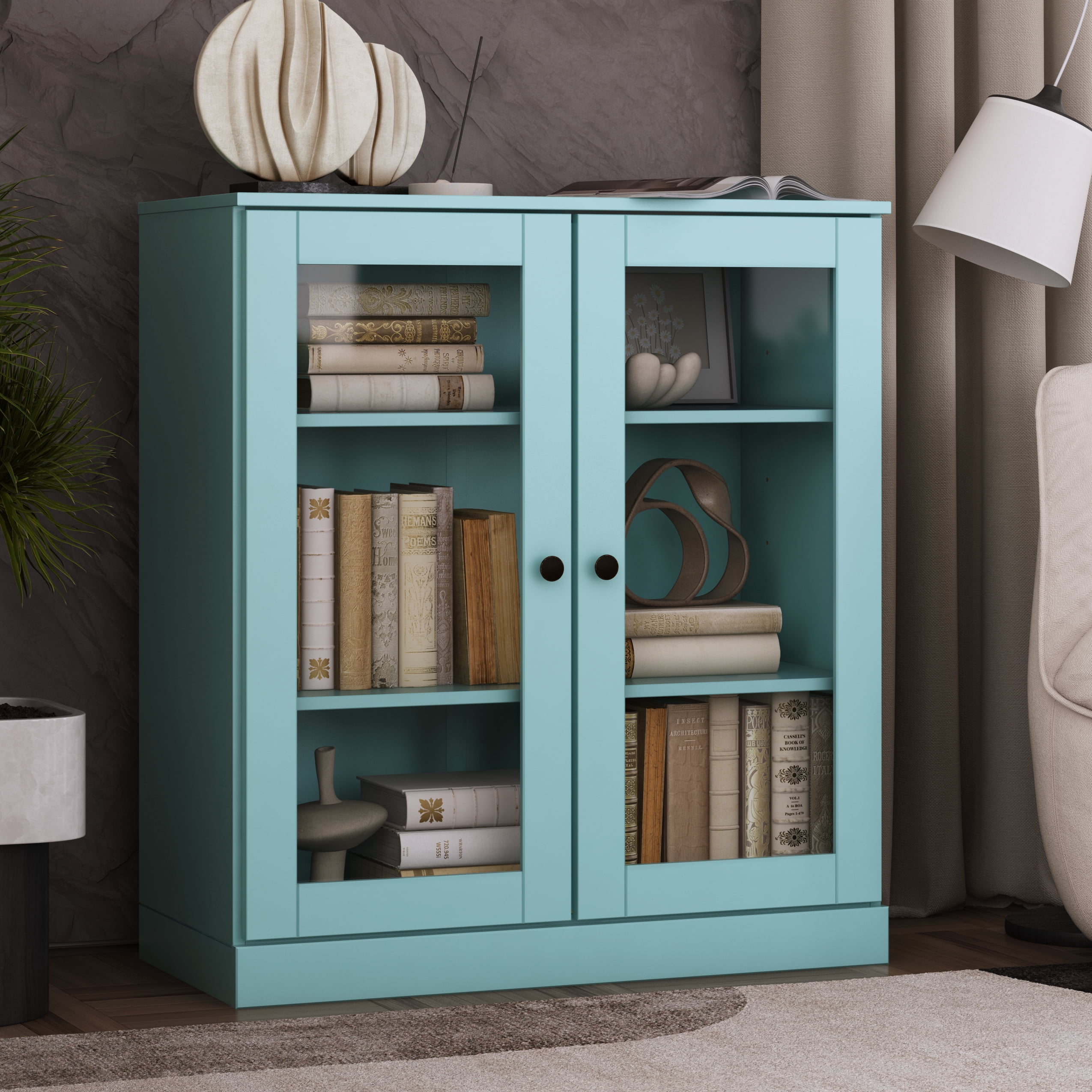 Palace Imports 100% Solid Wood 3-shelf Bookcase with Adjustable Shelves and Glass Doors, Aqua Blue
