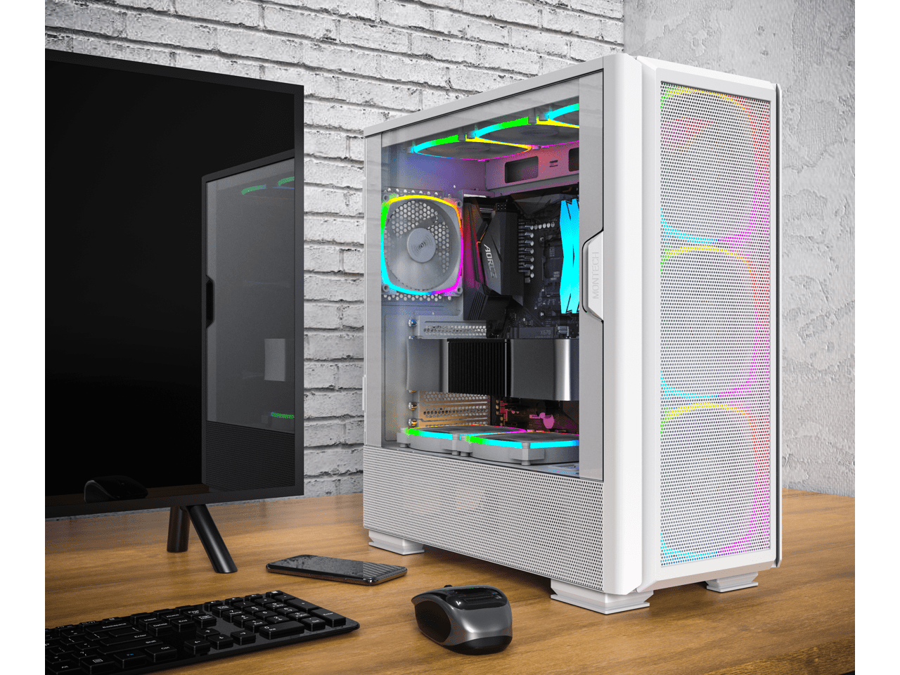 Montech Sky Two GX, E-ATX Mid Tower Case, High Airflow Performance, 3X 140mm PWM ARGB Fans Pre-Installed, Tempered Glass Side Panel, Metal Mesh Front, Type C, Support 4090 GPUs - White