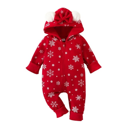 

Baby Deals!Christmas Romper for Boy Infants Baby Snow Suit Infant Snowflake Jumpsuit Cute Ear Bow Hooded Romper Snowsuit Warm Newborn Baby Girl Winter Clothes Pajama Outerwear 3-18 Months