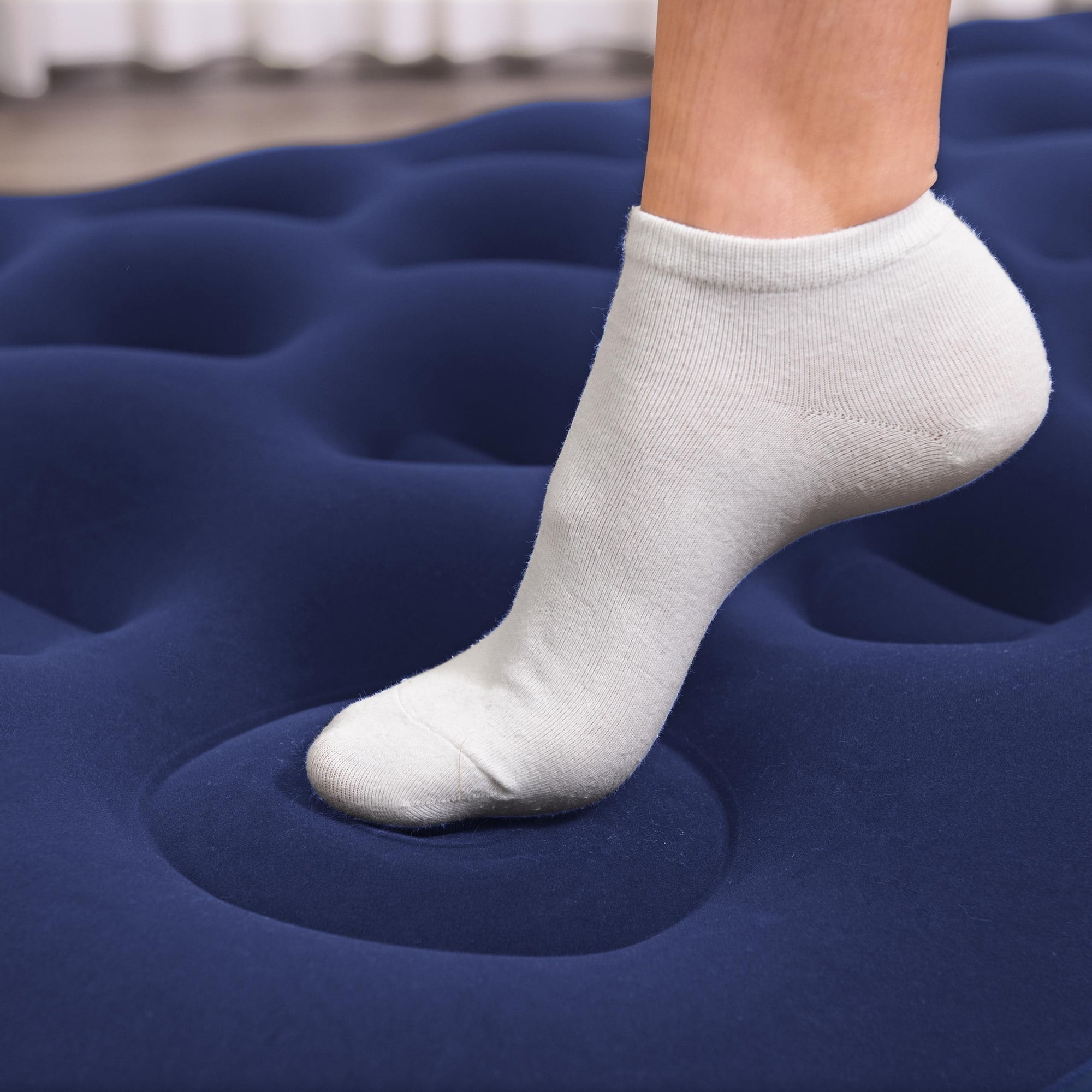 Bestway: Twin Flocked Air Bed - Blue, Inflatable Mattress, 74x39x11", Built-In Foot Pump & Pillow, Coil Beam Support Construction, Plush Top, Outdoor