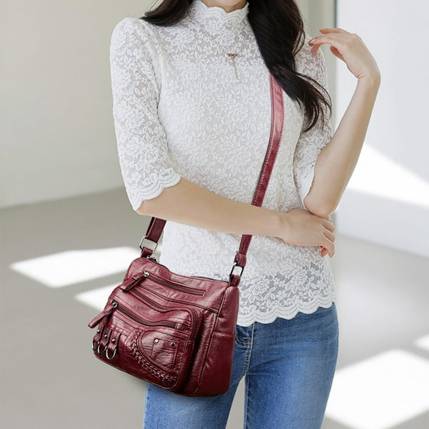 Bolso de Hombro de Piel Sintética Suave y Lavada para Mujer | Bolso Cruzado Espacioso con Múltiples Cremalleras y Gran Capacidad para Uso Diario, Viajes, Trabajo y Compras | Negro, Marrón y Rojo