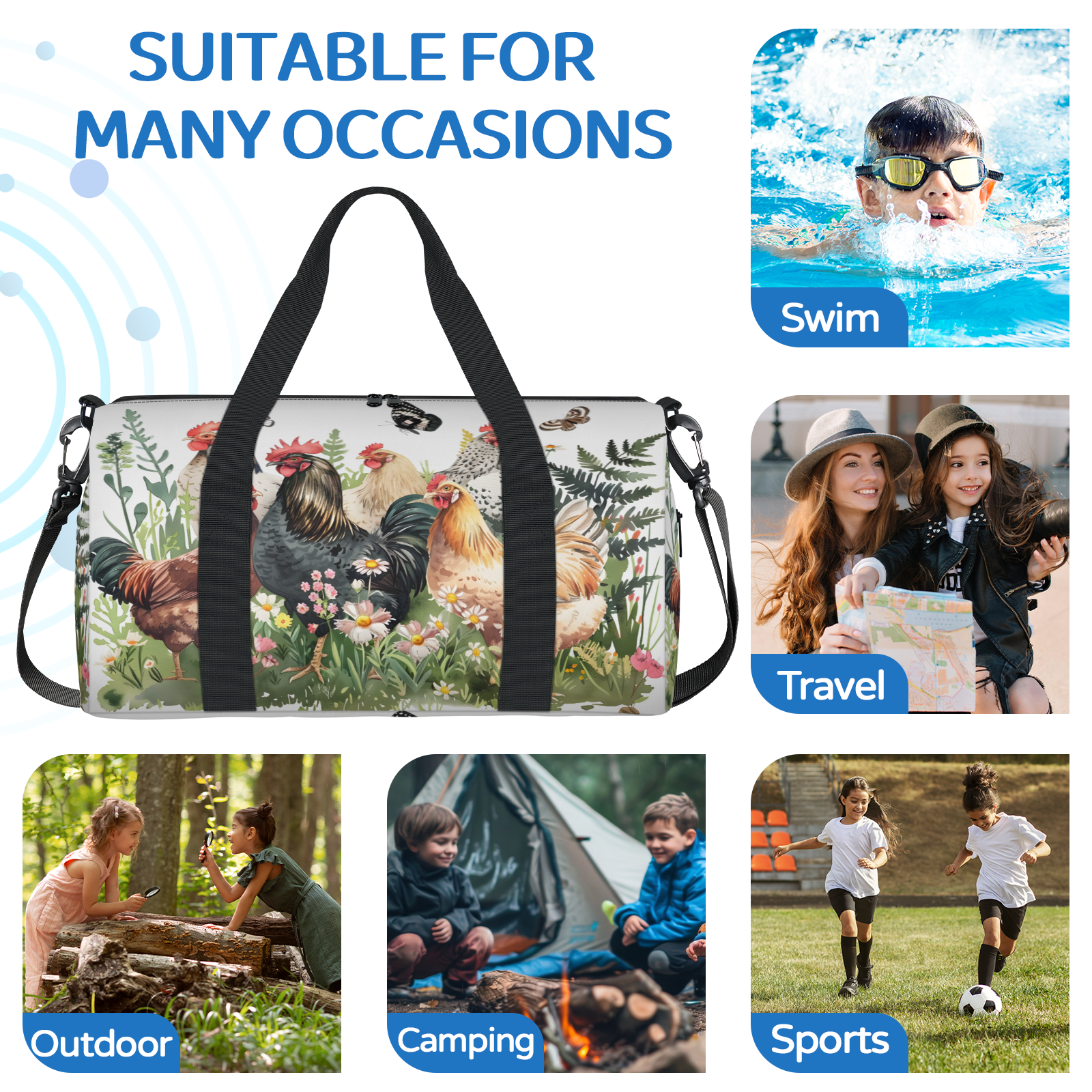 Herdesigns Funny Roosters Chickens Travel Duffle Bag Sports Yoga Weekender Overnight Carry on Workout Bags Lightweight Waterproof Gym Tote Bag for Women