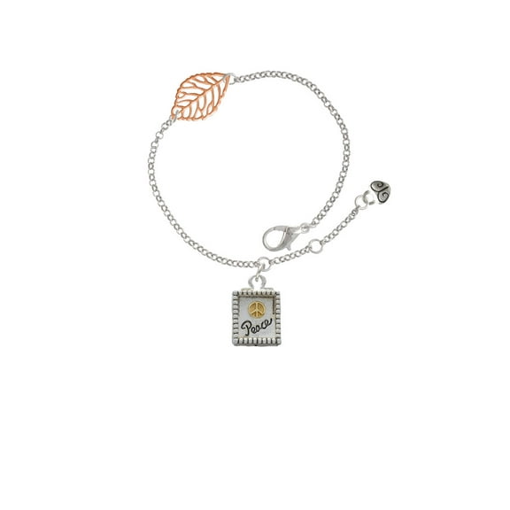 Delight Jewelry Two-tone Shadow Box ''Peace'' with Peace Sign - Rose Goldtone Leaf Delicate Bracelet, 6.25 1.75"