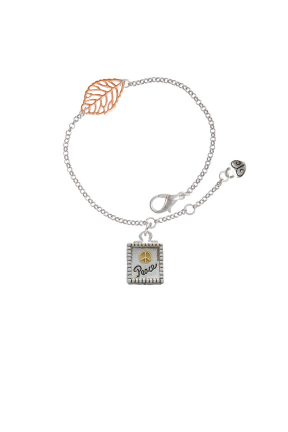 Two-tone Shadow Box ''Peace'' with Peace Sign - Rose Goldtone Leaf Delicate Bracelet, 6.25+1.75"