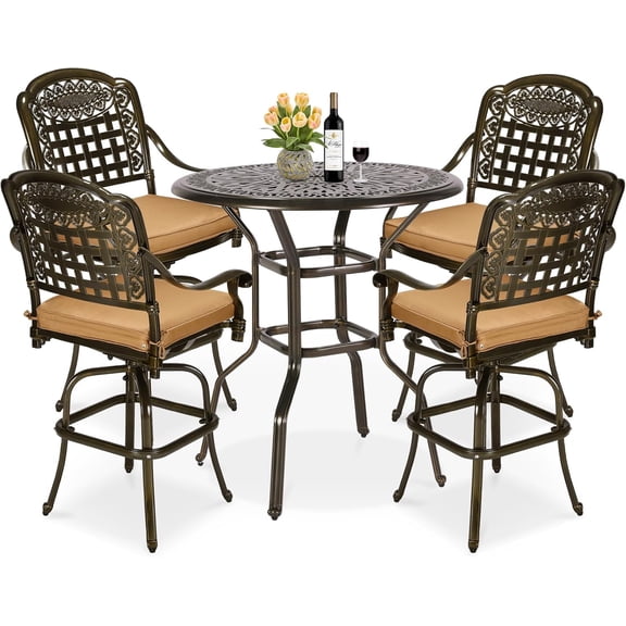 MEETWARM 5-Piece Patio Swivel Bar Set, All-Weather Cast Aluminum Outdoor High Bar Stool Bistro Set for Backyard Garden w/4 Cushions Bar Chairs with Footrest and 35.4" Bar Table, 2" Umbrella Hole