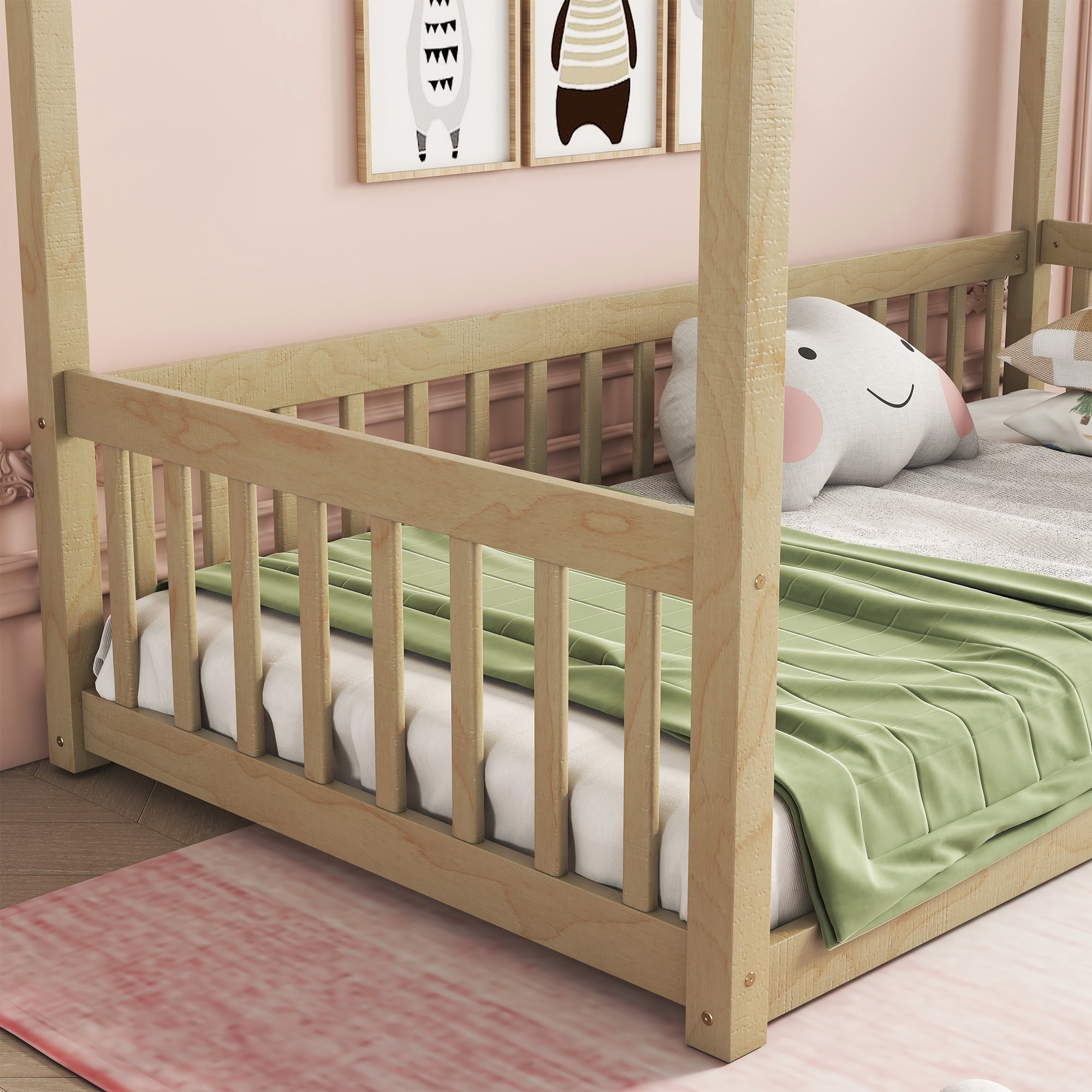 Yoneston Twin Size Canopy Frame Floor Bed Frame with Guardrails, Montessori Floor Bed with Fence for Kids Girls Boys Bedroom Furniture, Natural