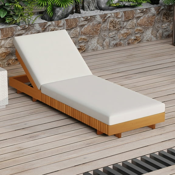 Christopher Knight Home 76.8" Outdoor Chaise Lounge with Foldable Cushion, Adjustable Backrest, Wood Frame, Cream