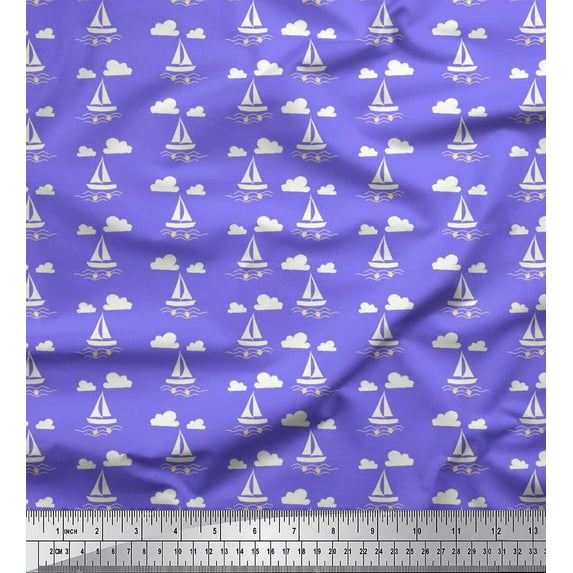 Soimoi Polyester Crepe Fabric Cloud,Fish & Yacht Nautical Print Fabric by The Yard 52 Inch Wide