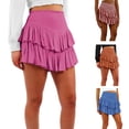 thumbnail image 2 of Womens Smocked High Waist A-Line Mini Skirt Double Layer Tiered Ruffle Hem Solid Color Flared Short Skirt with Shorts, 2 of 20