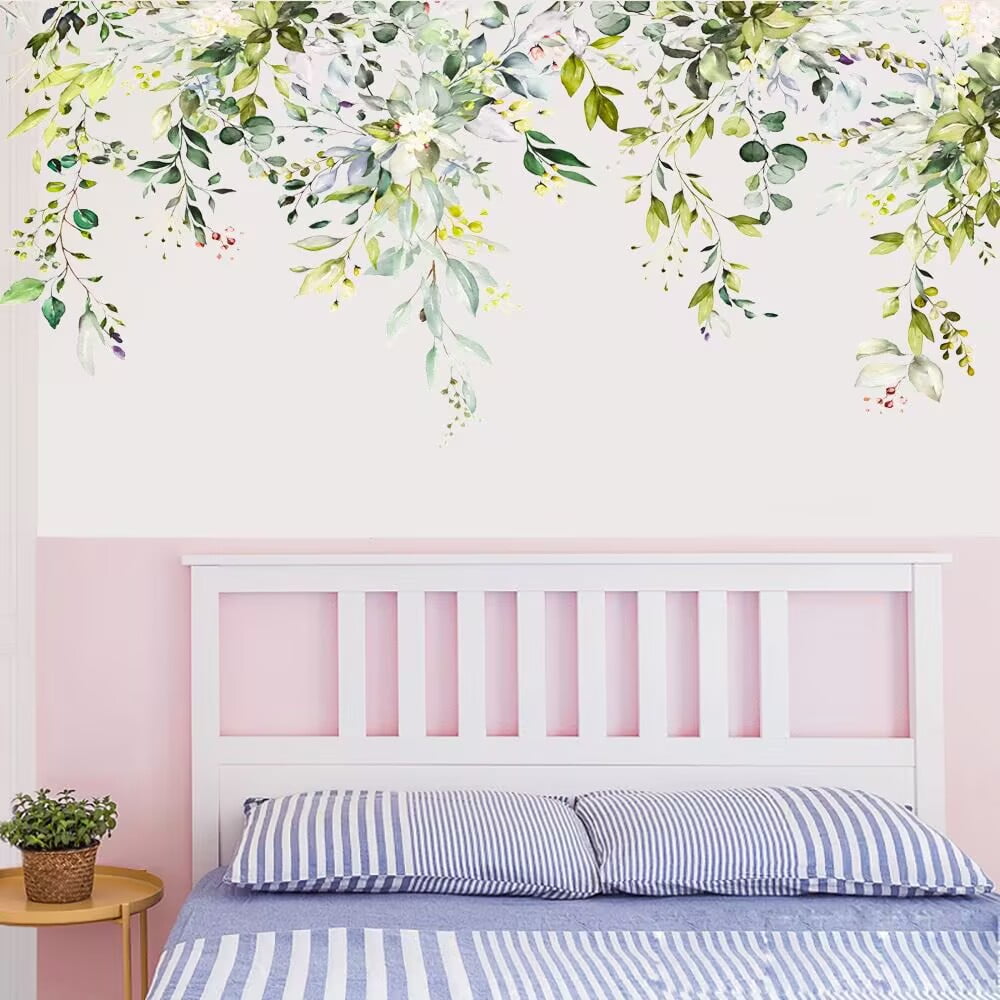 Green Plants Leaves Wall Decals Peel and Stick, Large Floral Flowers Wall Stickers, DIY Removable Vine Home Decor Art for Bedroom Living Room Classroom Office