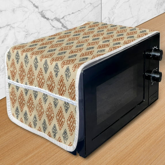 Zambia Microwave Oven Cover, Folk Design with Retro Style Effects in Pastel Print, Water Resistant Organizer with Pockets for Kitchen, 36" x 12", Sand Orange Dark Blue, by Ambesonne
