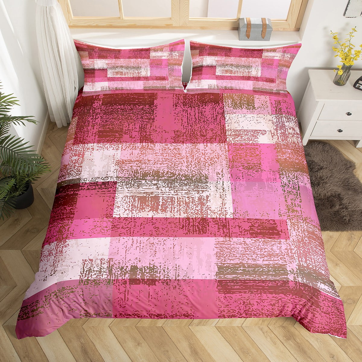 Pink Ombre Duvet Cover King Geometric Bedding Set Vintage Oil Painting Ombre Grunge Graffiti