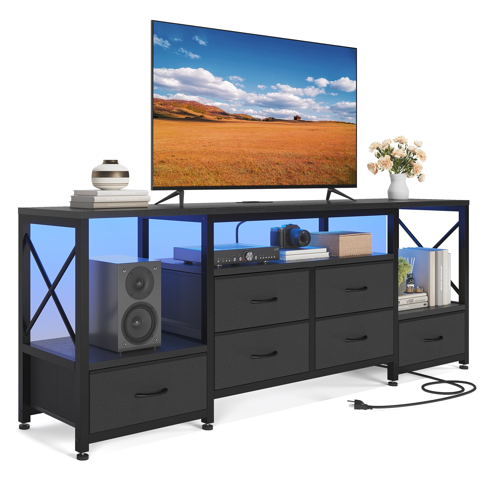 Afuhokles TV Stand up to 75 Inch TV with LED Light and Charging Station, 63" Entertainment Center Industrial TV Console Table with 6 Fabric Drawers and Open Shelves for Living Room, Black
