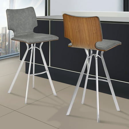 Armen Living Marley 30" Bar Height Barstool in Brushed Stainless Steel with Vintage Grey Faux Leather and Walnut Wood Back