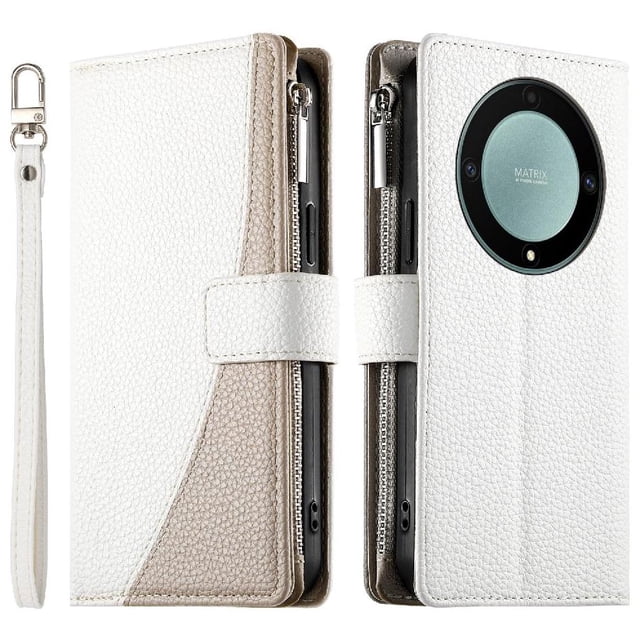 Funda cartera GANGXUN para Honor Magic 5 Lite , cuero PU con tarjetero, cremallera, correa de mano, soporte y protección 1413°