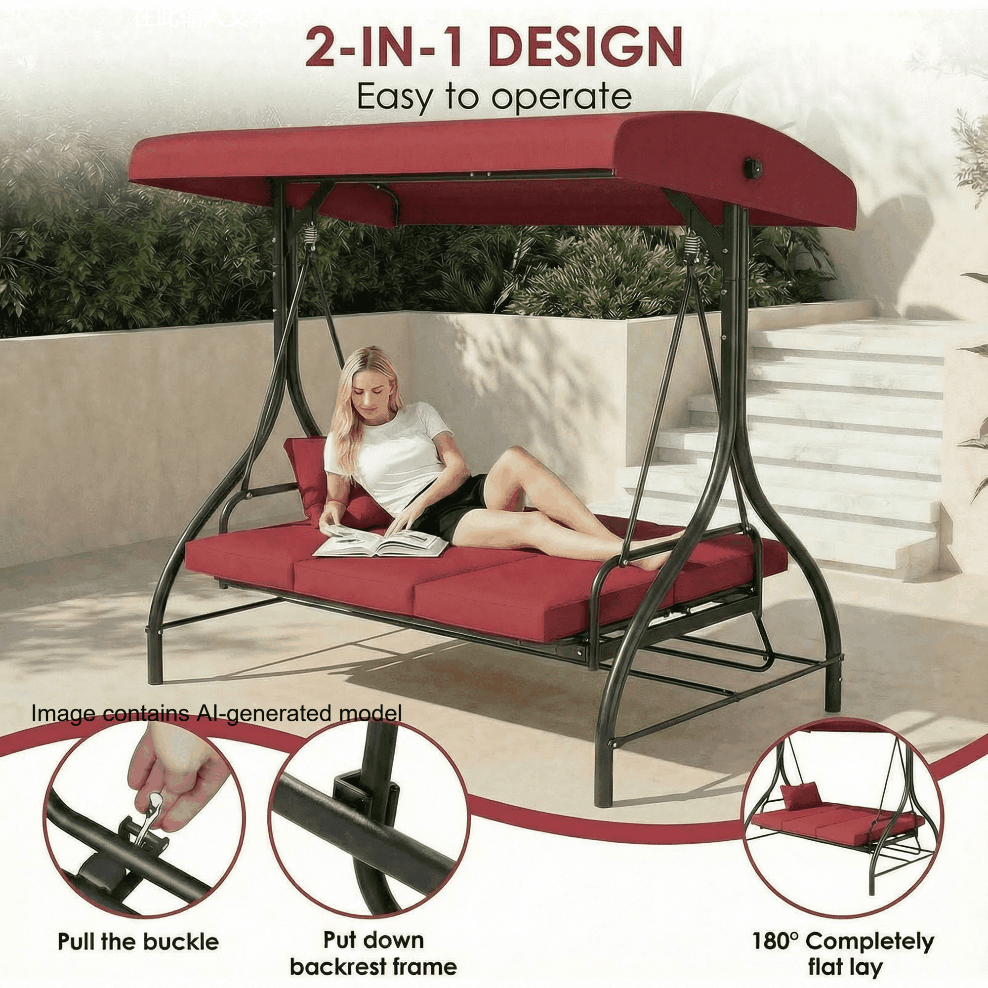 Pirecart 3 Person Patio Porch Swing Outdoor Converting Swing Glider Hammock with Adjustable Canopy, Cushions, Red
