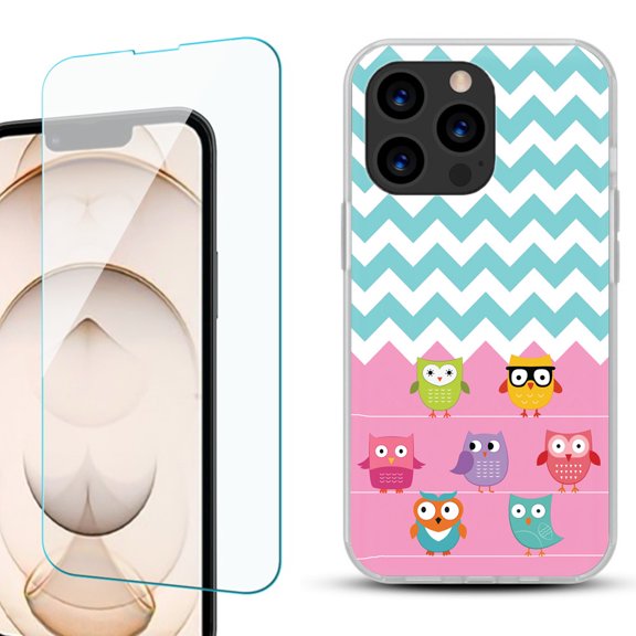 Slim-Fit Anti-Scratch Gel TPU Phone Case for iPhone 13 Pro, with Tempered Glass Screen Protector, by OneToughShield ® - Chevron/Teal/Owl