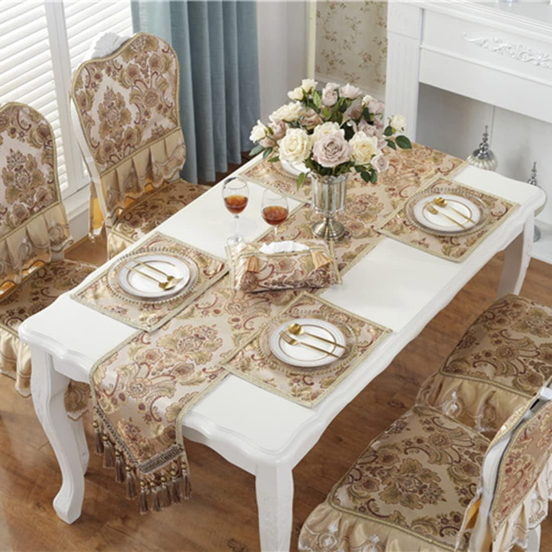 CHUNTIAN French Country Luxury Floral Pattern Table Runner with Beads Tassels Kitchen Decor Silk Blend Tea Table Table Runners (Beige,13" W x 89" L)