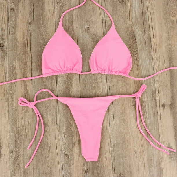 Mlqidk Women Sexy Halterneck Tiny Mini Micro Bra Charming Bikini G String Bottom Beachwear 2 Pieces,Pink XL