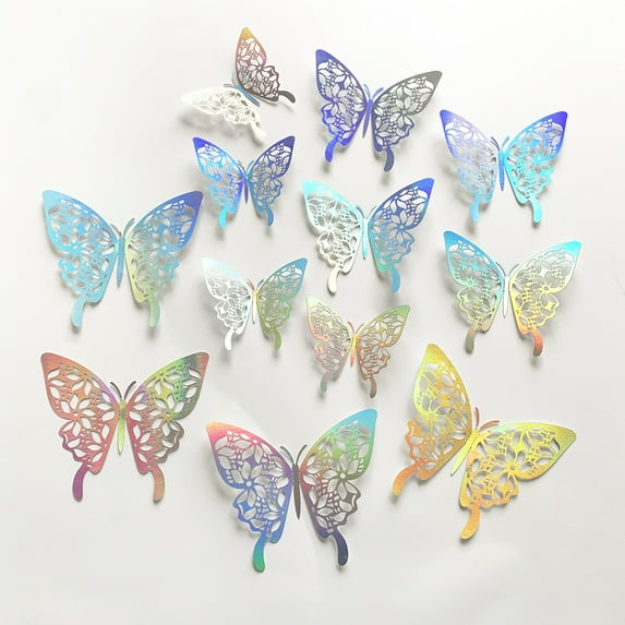 SUNYOK 72Pcs 3D Butterfly Wall Decor, Butterfly Wall Stickers 6 Styles 3 Sizes, Removable Butterfly Cake Decorations for Party, Birthday, Wedding, Shiny Rainbow Silver