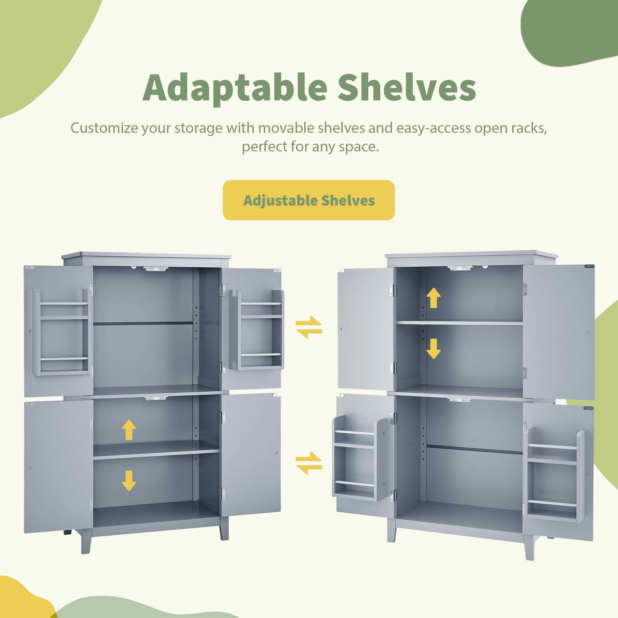 MAYEERTY Elegant Bathroom Cabinet Freestanding 4 Doors Adjustable Shelves Gray
