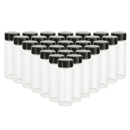 28pcs 30ml Clear Small Glass Sample Vials with Black Plastic Screwcap Liquid Sampling Sample Glass Bottles, Light Weight and Corrosion Resistance