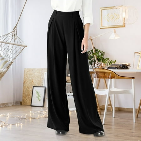CHCNHAC Pleated Pants for Women Stretchy Wide Leg Waffle Knit Slacks Business Casual Work Pants Summer Beach Trousers with Pockets Beach Travel Outfits Black 4XL