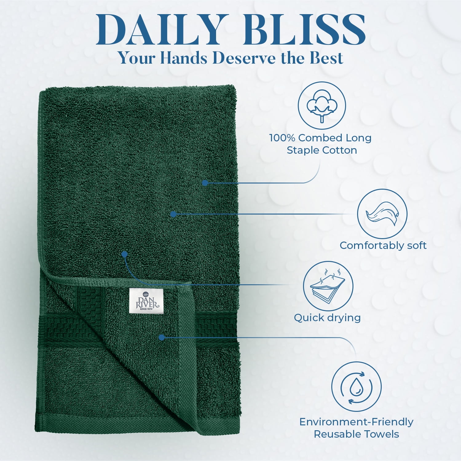 Dan River Hand Towel pack of 6 Quick Dry And Absorbent Cotton Towels for Bathroom - Hunter Green 16x28in