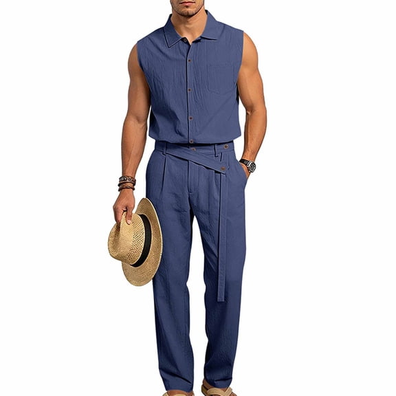 LEKWK Men Linen Sets Outfits 2 Piece Sleeveless Button Down Collared Tops and Tie Waist Straight Leg Pants Lightweight Summer Fashion Beach Vacation Outfits