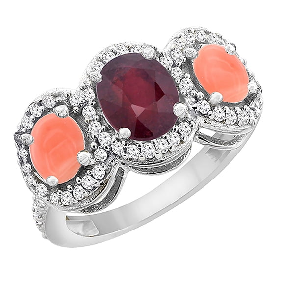 14K White Gold Natural Quality Ruby & Coral 3-stone Mothers Ring Oval Diamond Accent, size 9