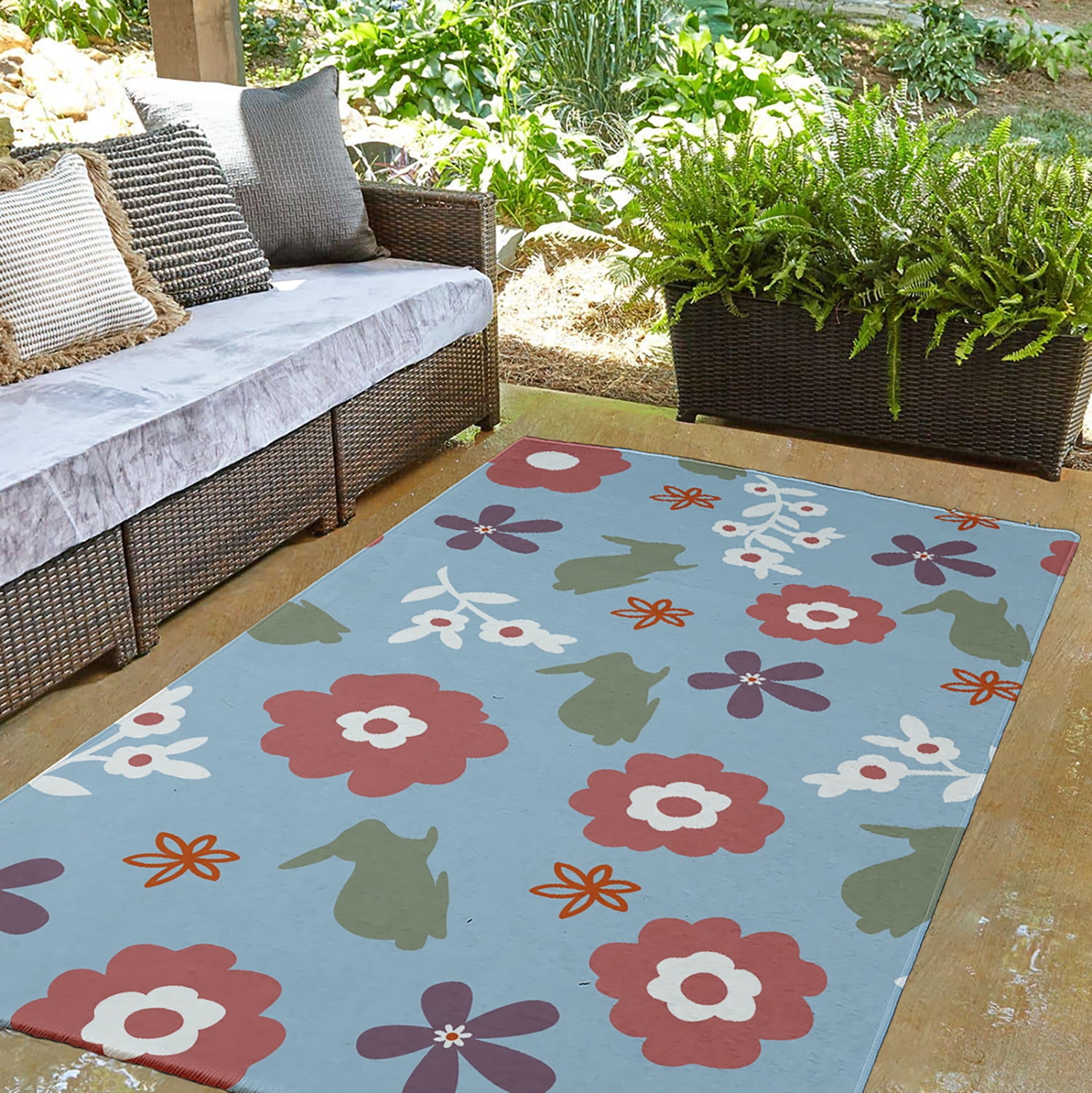 3' x 5' Simply Daisy Flowery Love with Bunnies Traditional Chenille Area Rug, Lighter than Air Blue