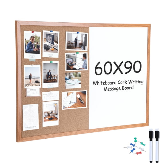 Dry-Erase Cork Board Combo, Magnetic Whiteboard And Bulletin Board Combination, Wooden Frame Vision Board with Markers Push Pins for Office Home School