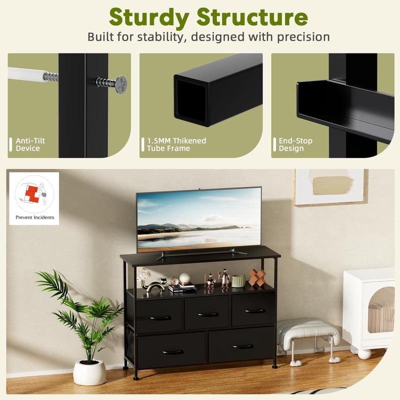 Simple Deluxe TV Stand Dresser for Bedroom Entertainment Center with 5 Fabric Drawers, Storage Organizers Units for Living Room, Media Console Table with Open Shelf up for 45" TV, Black, Black