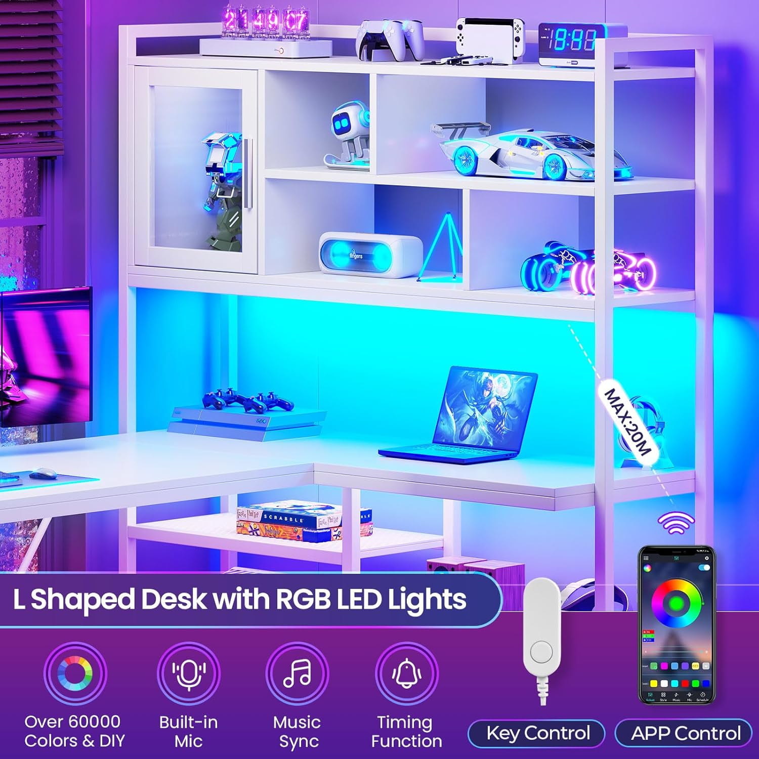 L-Shaped Computer Desk with LED Lights & Hutch, Corner Gaming Desk with 7-Tier Storage Shelves for Bedroom, Save Space, White
