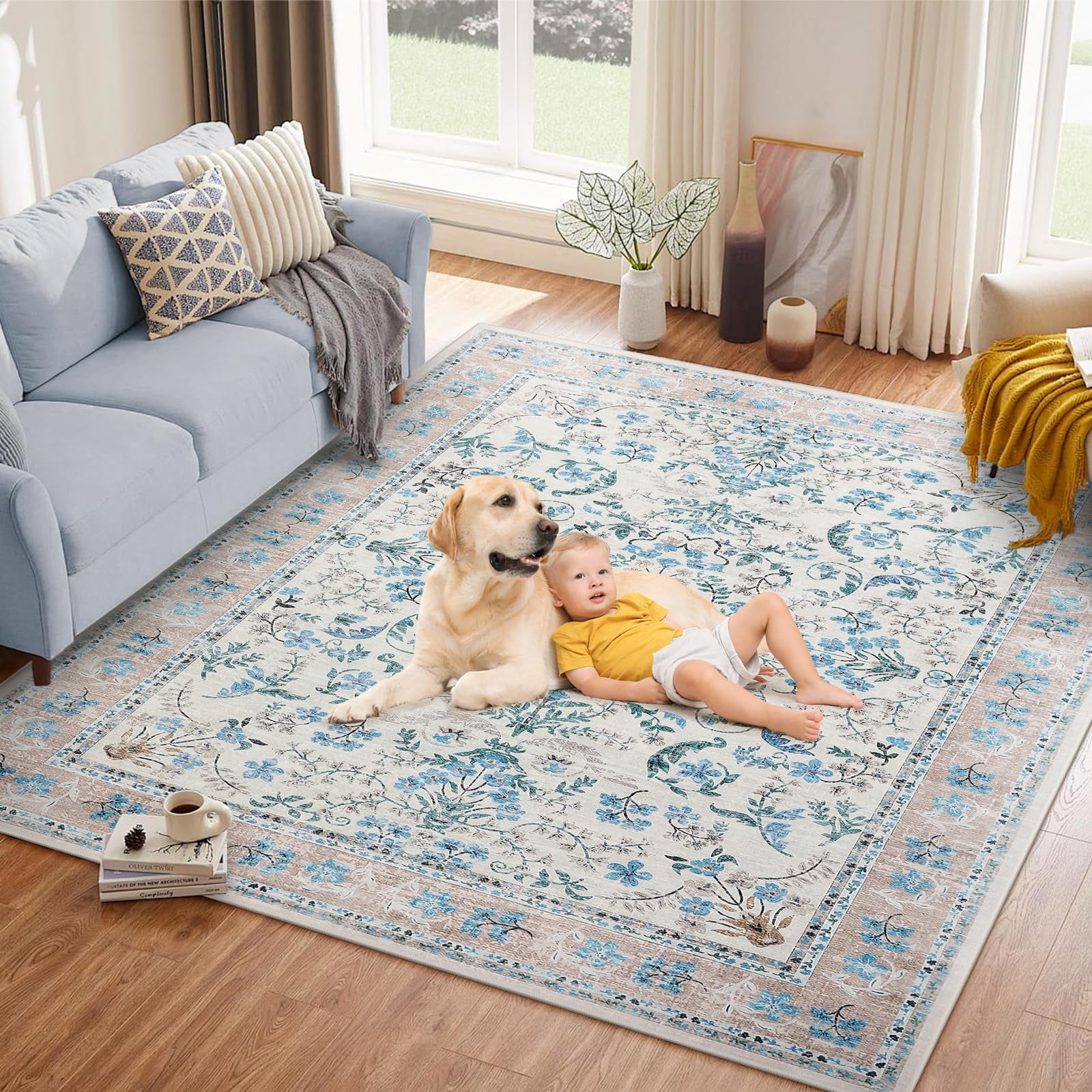 Area Rug 9x12 for Living Room, Washable Non Slip Low Pile Rugs, Floral Soft Carpet for Living Room, Bedroom, Dining Room, Blue