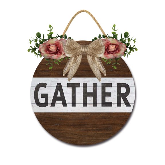 Front Door Porch Decorations GATHER Door Hanging Sign 11 inch Wooden Wall Sign, Rustic Holiday Wreath Decor for Front Door Porch Home Window Wall Farmhouse Decorations